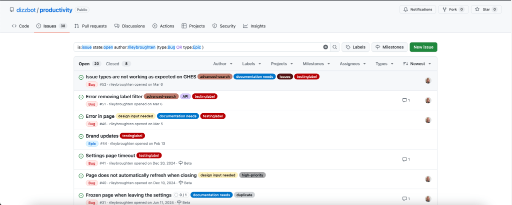 Screenshot of an Issues search query involving the logical OR operator.