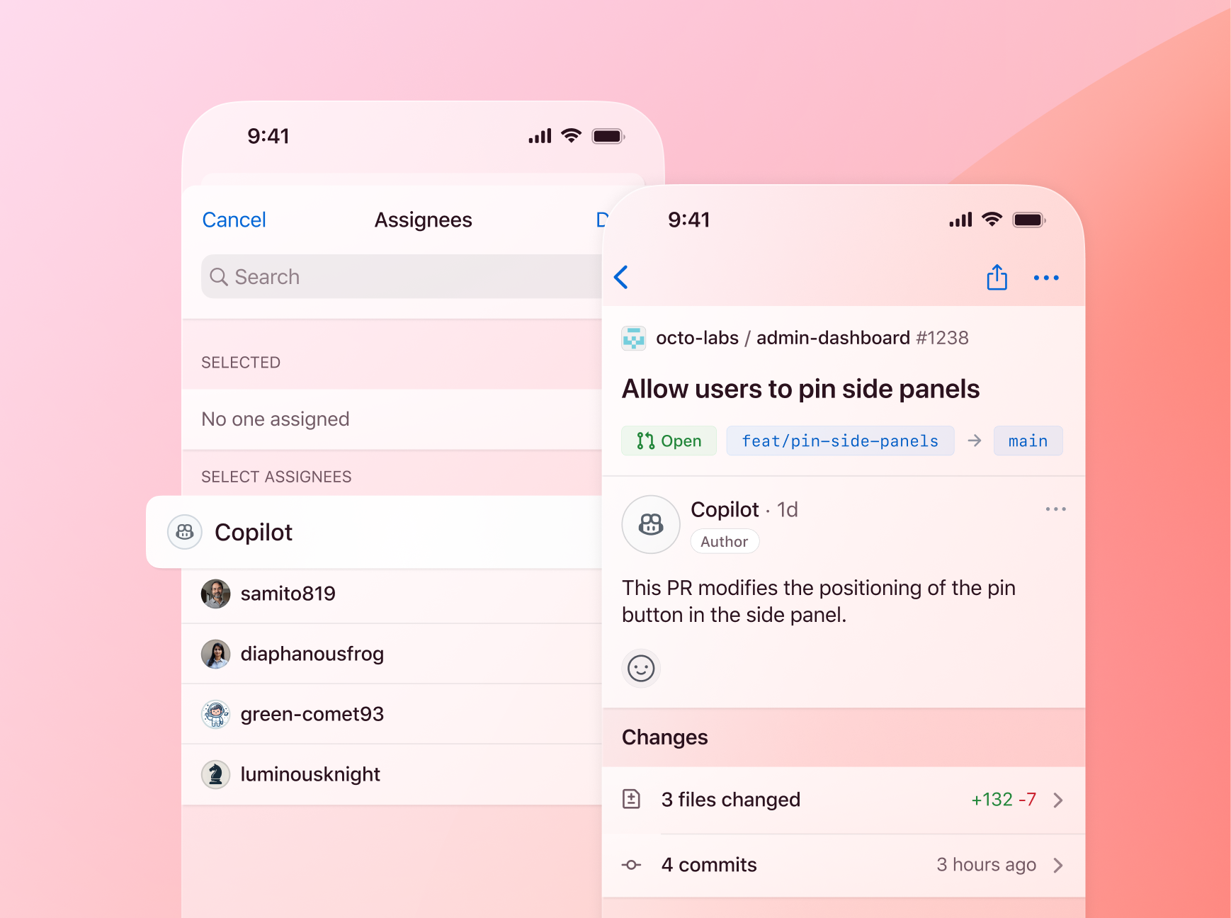 Two GitHub mobile app screens are shown: in the first screen, GitHub Copilot is highlighted in a list of assignees. In the second screen, it displays a pull request created by the assigned GitHub Copilot coding agent.