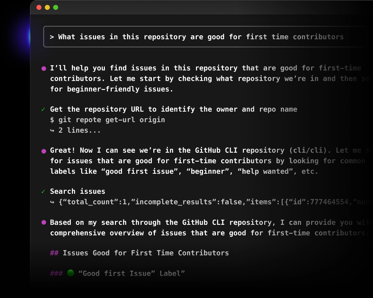 Screenshot of a terminal interface showing a bot-assisted search for beginner-friendly issues in the GitHub CLI repository. The assistant guides the user through retrieving the repository URL and searching for issues labeled “good first issue,” “beginner,” or “help wanted.”