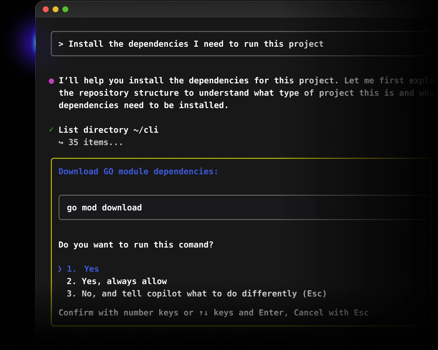 Screenshot of a terminal window displaying instructions for installing project dependencies. It shows the command 'cd /Users/MonaLisa/sweagentd && go mod download' to list directory contents and download Go module dependencies. Below are options to proceed: 1. Yes, 2. Yes, always allow, 3. No, and tell Copilot what to do differently (Esc).