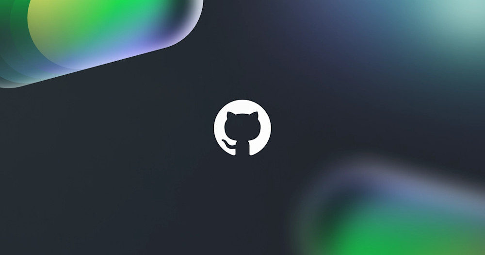 GitHub logo surrounded by green and purple abstract oblong shapes.