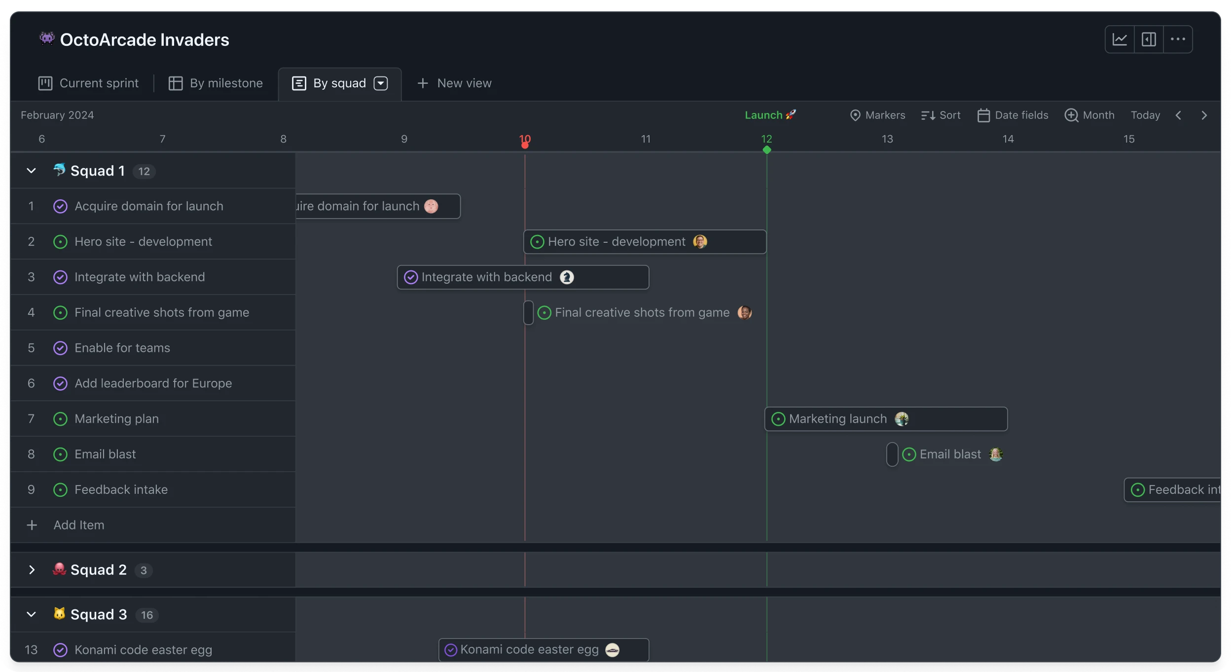The image shows a project management interface with a dark theme, likely from a software development tool. The interface is divided into several sections. On the left side, there are squads listed "Squad 1" with 12 items, "Squad 2" with 3 items, and "Squad 3" with 16 items. Squad 1 has a list of tasks that are "Acquire domain for launch", "Hero site - development", "Integrate with backend", "Final creative shots from game", "Enable for teams", "Add leaderboard for Europe", "Marketing plan", "Email blast", and "Feedback intake". Squad 3 has a task labeled "Konami code easter egg". The main section displays a timeline showing when tasks will be completed. 
