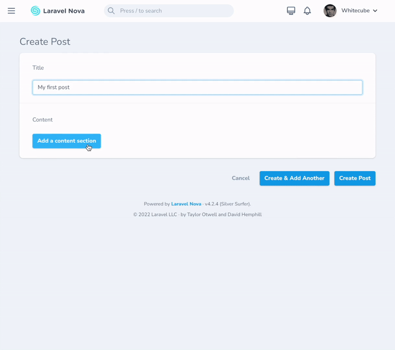 Laravel Nova Flexible Content in action