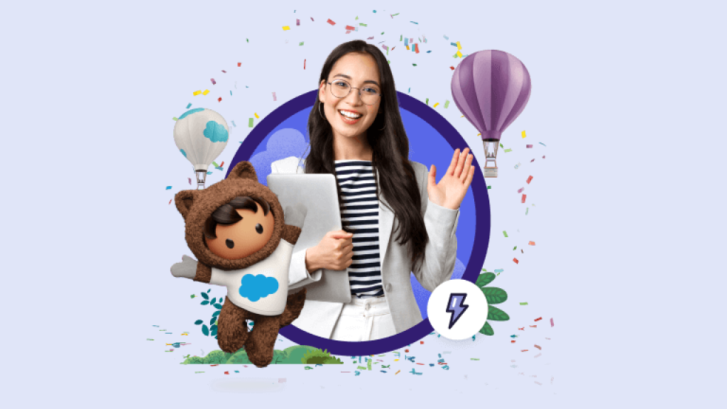 A woman holding a laptop waving, with Astro in front. The Agentforce 360 Platform logo is shown.